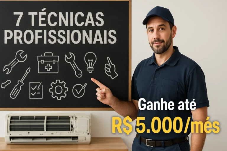 Técnico Vestido Em Uniforme Azul Aponta Para Uma Lousa Preta Com “7 Técnicas Profissionais” Escrito Em Giz, Desenhos De Ferramentas E Ícones De Manutenção; Ao Lado, Texto Flutuante “Ganhe Até R$ 5.000/Mês” E, Ao Fundo, Um Ar-Condicionado Desmontado Sobre Bancada.