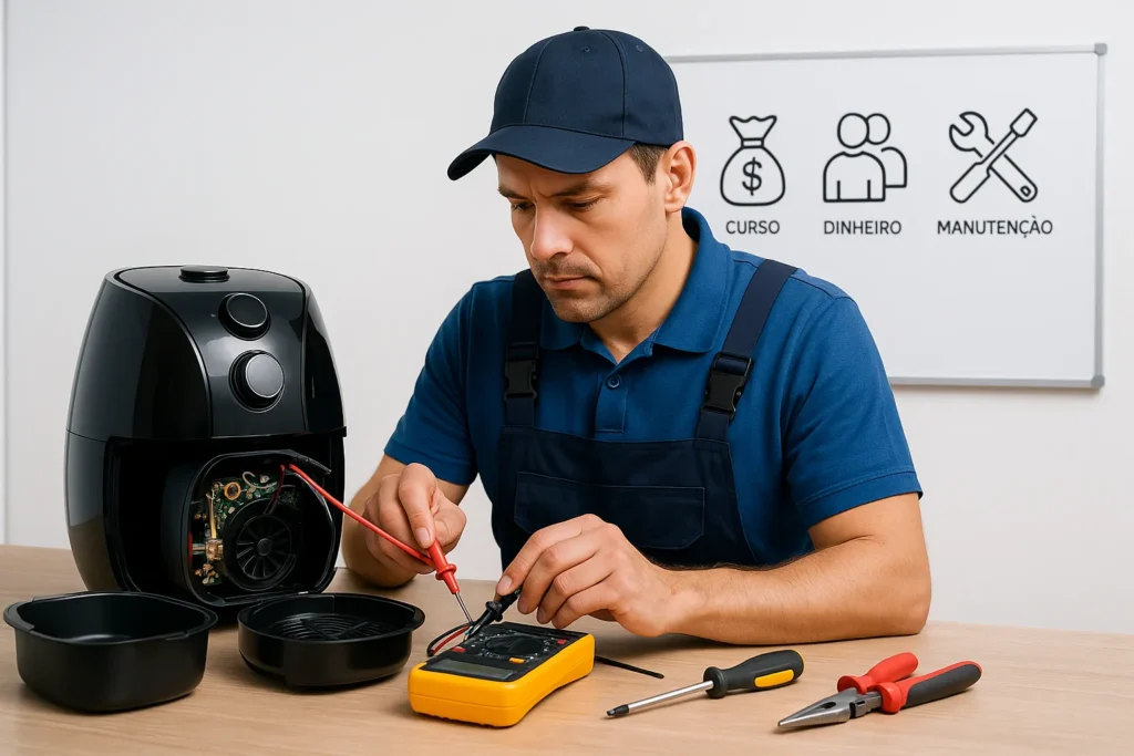 Air Fryer: Guia Completo Com Os 7 Melhores Modelos E 5 Defeitos Mais Comuns 5 Técnico Uniformizado Usa Multímetro Para Testar Air Fryer Desmontada Sobre Bancada Com Ferramentas; Quadro Ao Fundo Mostra Ícones De Curso, Dinheiro, Clientes E Manutenção