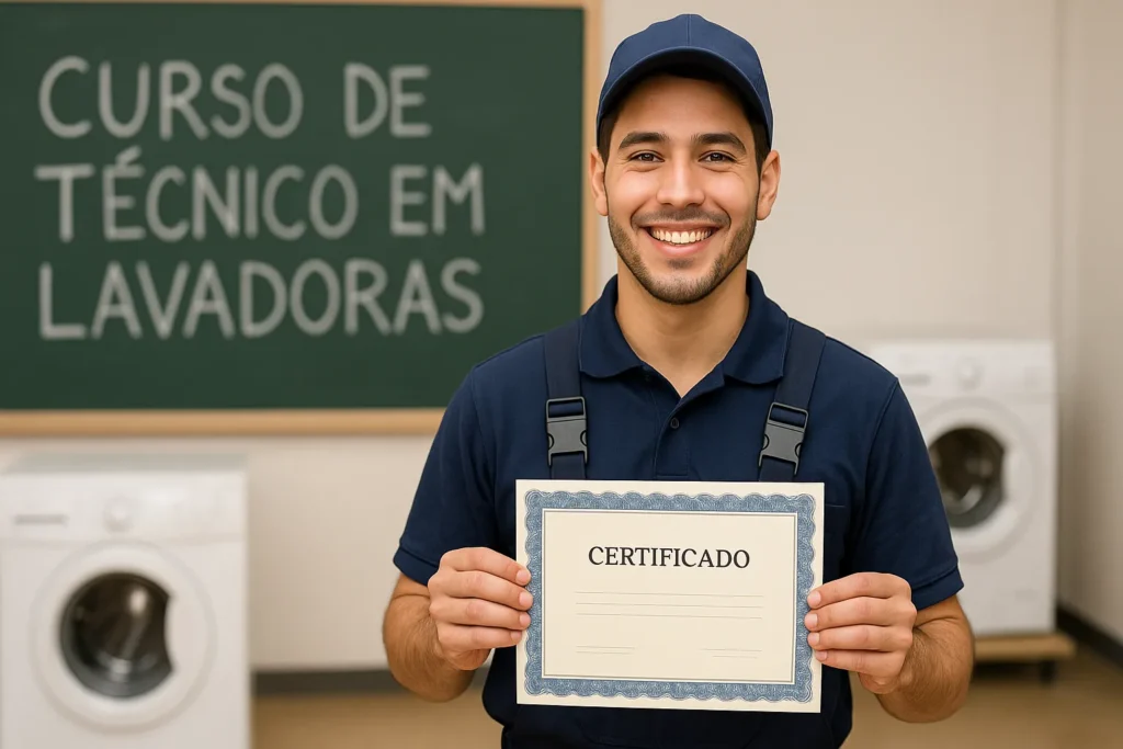 Consertar Máquina De Lavar: 7 Problemas Mais Comuns E Como Resolver Cada Um 8 Jovem Técnico Uniformizado Sorrindo E Segurando Certificado Em Sala De Aula Com Quadro Escrito &Quot;Curso De Técnico Em Lavadoras&Quot;