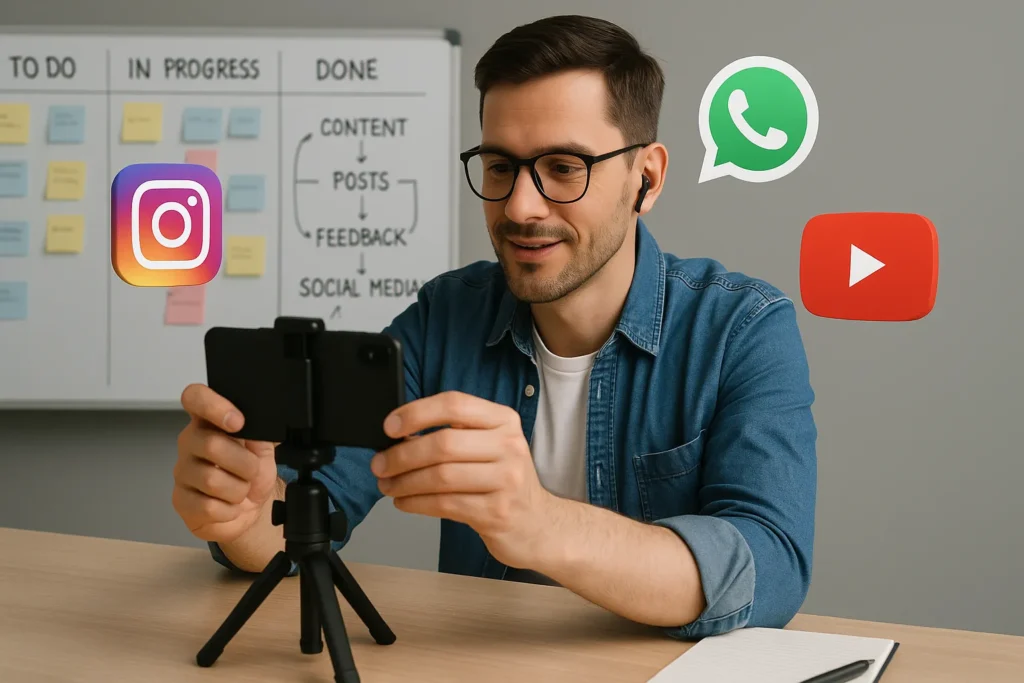 Consertar Eletrodomésticos: 7 Passos Para Começar E Faturar R$ 5.000+ Por Mês 10 Técnico Grava Vídeo Com Smartphone Em Bancada, Com Quadros De Planejamento Ao Fundo E Ícones De Instagram, Whatsapp E Youtube Flutuando.
