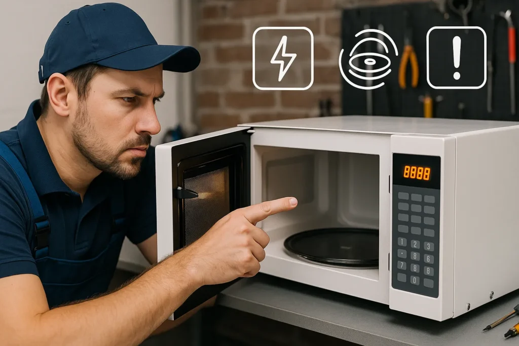 Microondas: 7 Melhores Modelos E Os 3 Defeitos Mais Comuns 4 Técnico Uniformizado Aponta Para Microondas Com Visor Piscando “88:88” E Porta Entreaberta; Ícones De Curto, Prato Giratório E Painel Defeituoso Flutuam Acima Em Bancada Técnica.