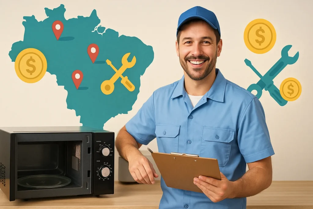 Microondas: 7 Melhores Modelos E Os 3 Defeitos Mais Comuns 5 Técnico Sorridente Em Uniforme Azul Claro Segurando Prancheta Ao Lado De Microondas Aberto Com Mapa Do Brasil, Ícones De Localização, Dinheiro E Ferramentas Ao Fundo