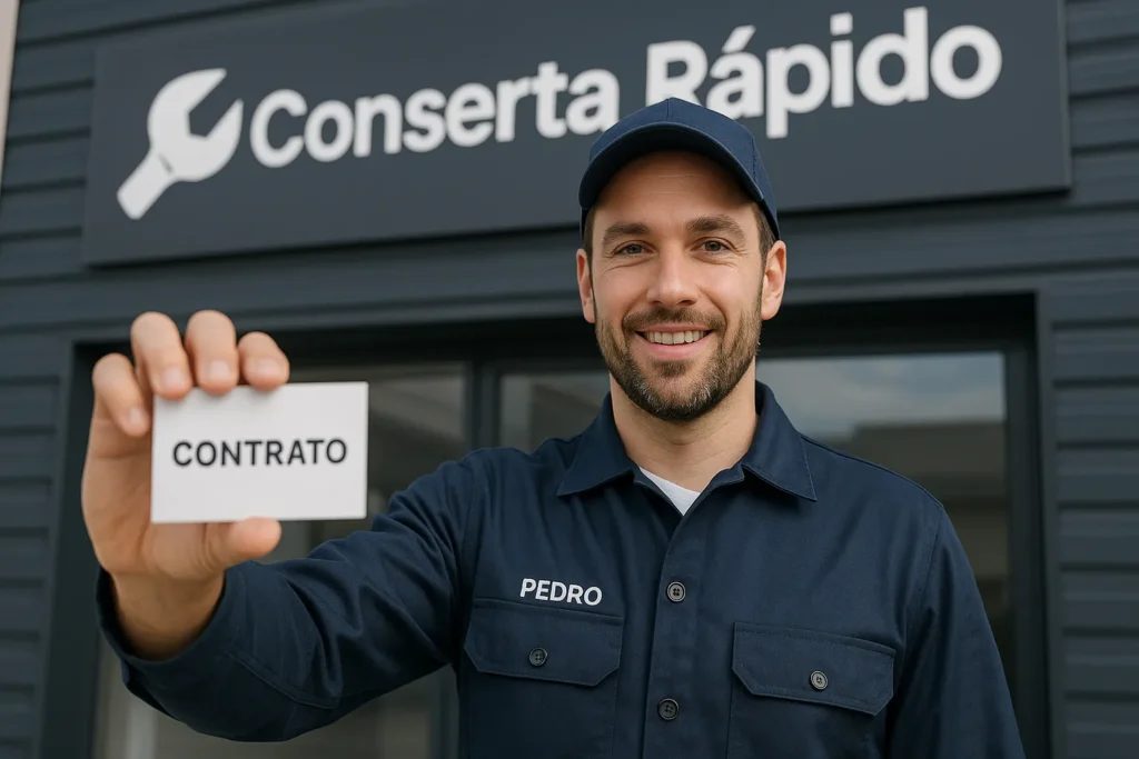 Consertar Eletrodomésticos: 7 Passos Para Começar E Faturar R$ 5.000+ Por Mês 12 Técnico Sorridente Em Frente À Fachada Da Empresa “Conserta Rápido”, Segurando Um Cartão Com A Palavra “Contrato” E Usando Uniforme Com Nome Bordado.