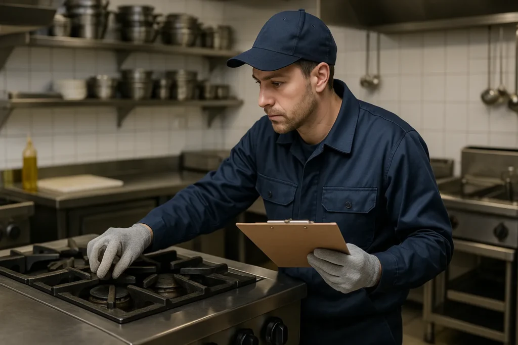 Técnico Uniformizado Inspecionando Fogão Industrial Com Checklist Em Cozinha Profissional Iluminada