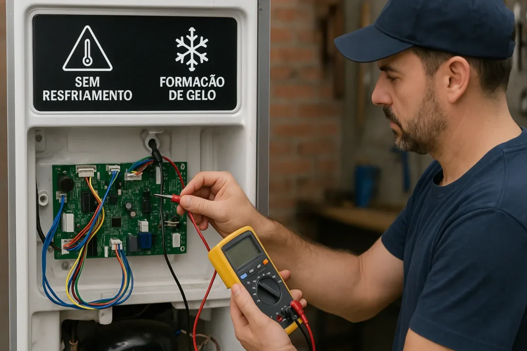 7 Fatos Essenciais Sobre Geladeira Frost Free: Funcionamento, Vantagens Técnicas E Solução De Problemas 6 Técnico Utiliza Multímetro Para Medir O Sensor De Degelo Na Placa Eletrônica De Uma Geladeira Frost Free Desmontada Com Alertas De Sem Resfriamento E Formação De Gelo Em Oficina Realista