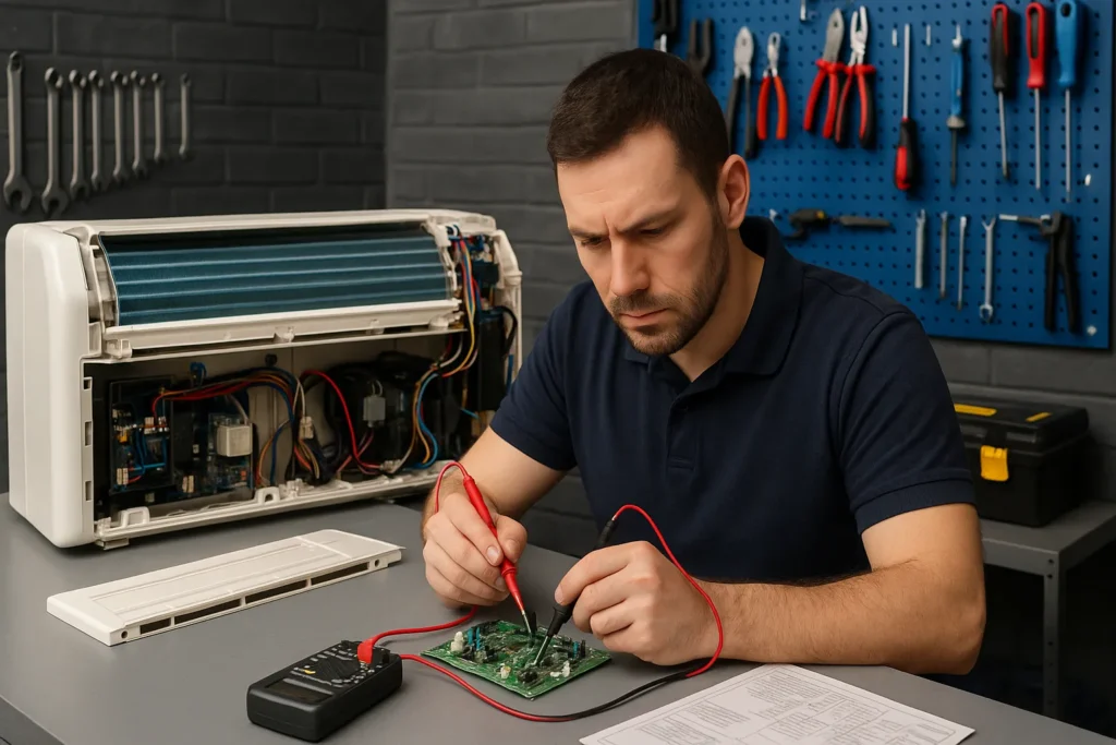 9 Motivos Por Que O Ar Condicionado Não Gela Só Ventila – Guia Definitivo Para Solução E Prevenção 12 Técnico Concentrado Testa Placa Eletrônica De Ar-Condicionado Com Multímetro Em Oficina Organizada