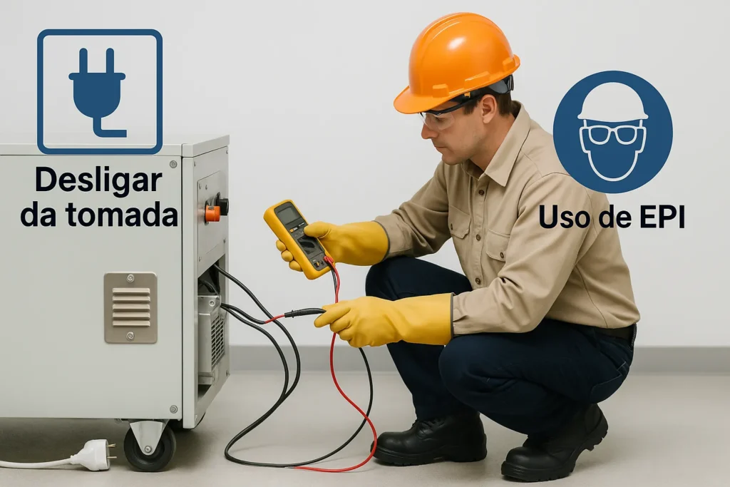 Consertar Máquina De Lavar: 7 Problemas Mais Comuns E Como Resolver Cada Um 9 Técnico Usando Epi Completo Testa Equipamento Desligado Com Multímetro, Com Ícones De Segurança Visíveis.