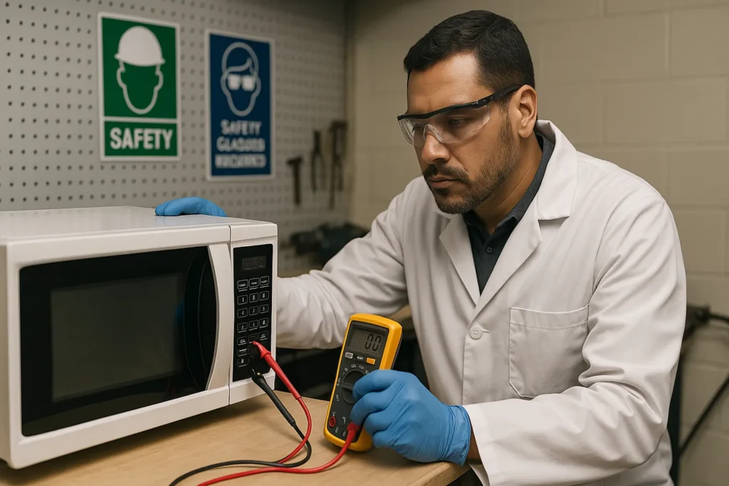 Microondas: 7 Melhores Modelos E Os 3 Defeitos Mais Comuns 7 Técnico Com Jaleco, Luvas E Óculos De Proteção Usando Multímetro Em Micro-Ondas, Com Cartazes De Segurança Ao Fundo