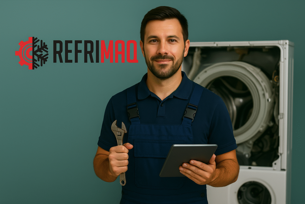 Técnico De Manutenção Segurando Tablet Em Oficina, Com Máquina De Lavar Desmontada Ao Fundo E Logotipo Da Refrimaq Centralizado Na Imagem.