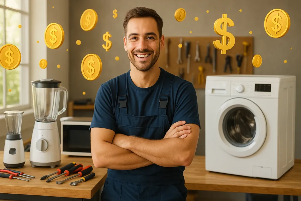 Consertar Eletrodomésticos: 7 Passos Para Começar E Faturar R$ 5.000+ Por Mês 2 Técnico Sorridente Em Oficina Com Ferramentas E Eletrodomésticos, Moedas Douradas Flutuando Ao Fundo, Simbolizando Oportunidade No Setor De Consertos.