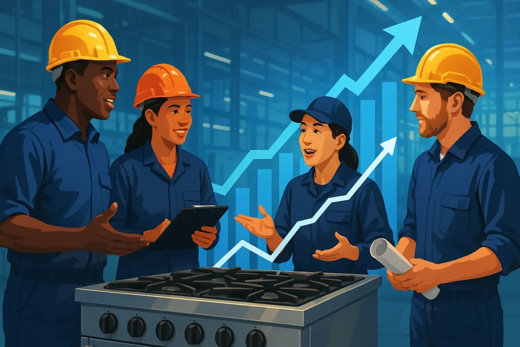 Ilustração 16 × 9 De Técnicos Diversos Em Uniformes Reunidos Ao Redor De Um Fogão Industrial, Com Gráfico De Crescimento Ascendente Sobreposto Em Ambiente Fabril Moderno