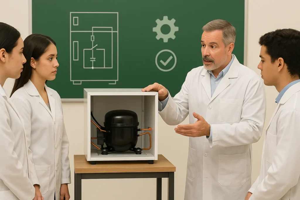 8 Vantagens Surpreendentes Da Geladeira Pequena: Guia Completo De Escolha, Uso E Manutenção Técnica 13 Instrutor Em Jaleco Explica Compressor De Geladeira Pequena Desmontada Para Quatro Alunos Durante Aula Prática Em Sala De Treinamento Técnico