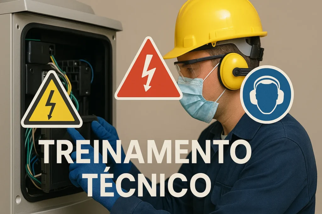Consertar Eletrodomésticos: 7 Passos Para Começar E Faturar R$ 5.000+ Por Mês 7 Técnico Com Epi Completo Operando Painel Elétrico De Eletrodoméstico Com Alertas De Risco De Choque E Símbolos De Segurança.