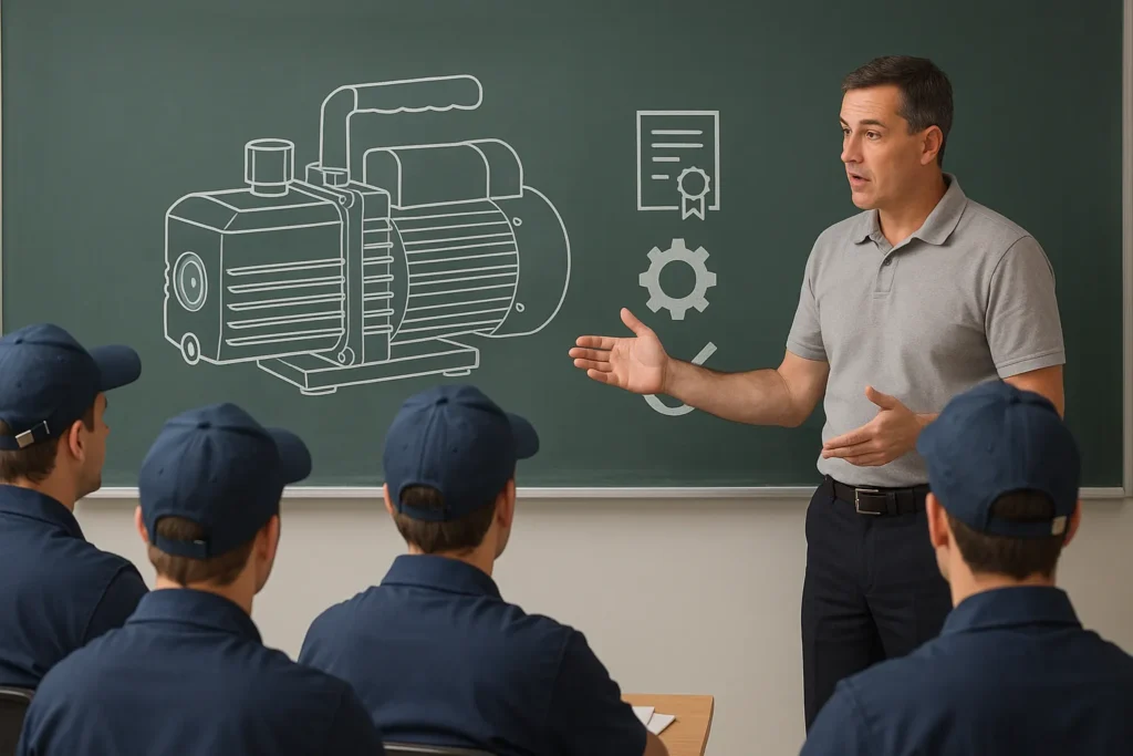 Bomba De Vácuo: 7 Técnicas Profissionais Para Dominar O Uso Em Refrigeração 12 Técnicos Uniformizados Assistem Aula Sobre Bomba De Vácuo Com Ilustração Na Lousa E Ícones De Certificação, Engrenagem E Check Verde.