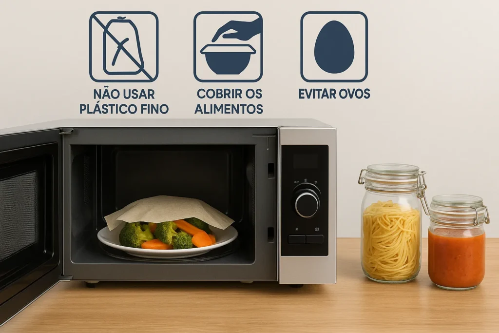 Microondas: 7 Melhores Modelos E Os 3 Defeitos Mais Comuns 12 Micro-Ondas Aberto Com Comida Coberta E Potes De Vidro Ao Lado, Com Ícones Educativos Em Português Indicando Boas Práticas De Uso.