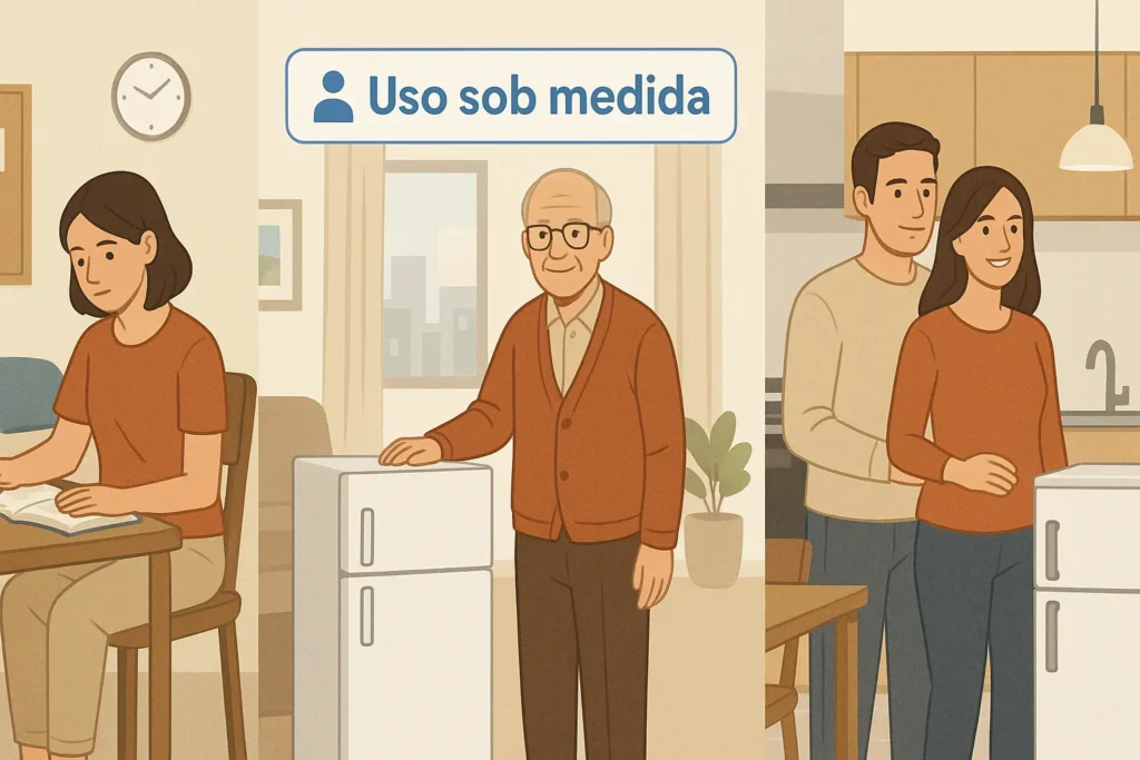 8 Vantagens Surpreendentes Da Geladeira Pequena: Guia Completo De Escolha, Uso E Manutenção Técnica 9 Três Perfis Distintos Com Geladeiras Pequenas: Estudante, Idoso E Casal Em Studio Moderno, Com Etiqueta “Uso Sob Medida”.