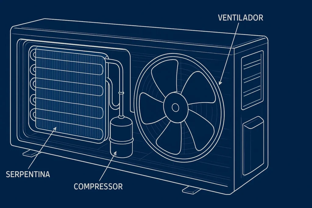 Ar Condicionado Cool: O Guia Completo Sobre A Função E Como Maximizar Seu Uso 8 Corte Transversal De Ar-Condicionado Split Estilo Blueprint Destacando Compressor, Serpentina E Ventilador, Com Notas E Setas Explicativas Sobre Fundo Azul Escuro