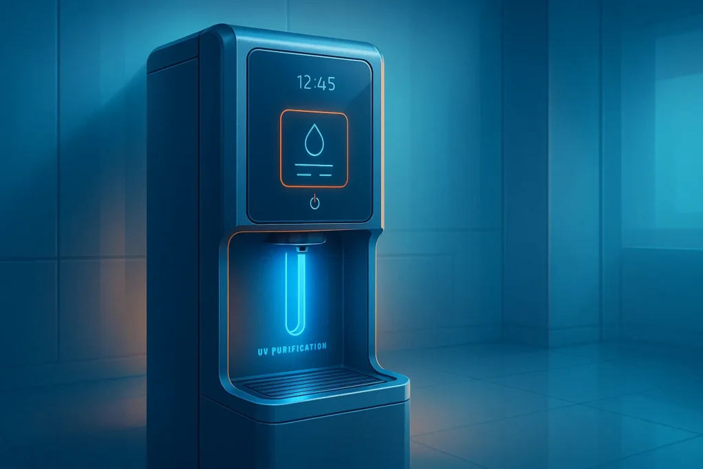 Ilustração De Bebedouro Futurista Com Painel Touch, Purificação Uv E Display Digital Em Ambiente Moderno E Tecnológico Com Glow Suave