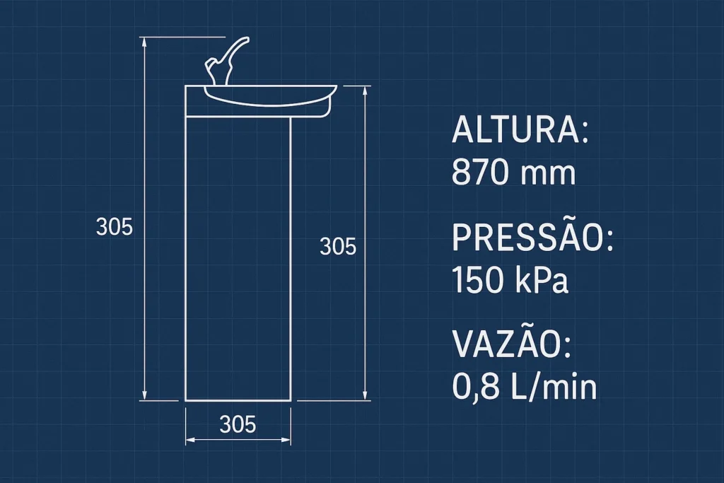Desenho Técnico De Um Bebedouro Em Formato 16:9, Com Medidas De 305 Mm De Largura E Altura Até A Bica, Especificações De Altura Total 870 Mm, Pressão De 150 Kpa E Vazão De 0,8 L/Min, Sobre Fundo De Blueprint Azul Escuro Com Linhas E Textos Brancos, Estilo Engenheiro.