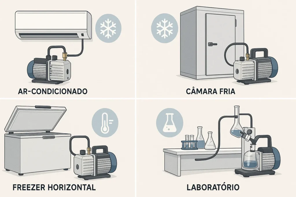 Bomba De Vácuo: 7 Técnicas Profissionais Para Dominar O Uso Em Refrigeração 5 Imagem Dividida Em Quatro Quadros Mostrando Bombas De Vácuo Conectadas A Ar-Condicionado, Câmara Fria, Freezer Horizontal E Laboratório Com Ícones Temáticos