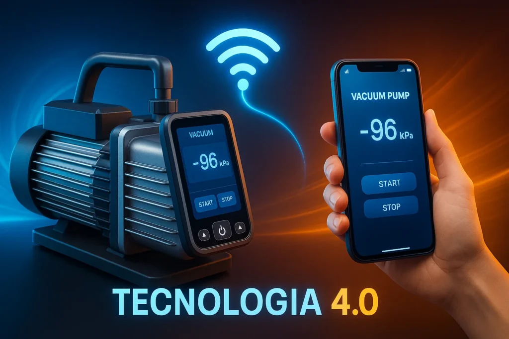 Bomba De Vácuo: 7 Técnicas Profissionais Para Dominar O Uso Em Refrigeração 11 Bomba De Vácuo Digital Touchscreen Conectada Via Bluetooth A Um Aplicativo No Celular Com Ícone De Wi-Fi, Sob Fundo Neon Azul E Laranja.