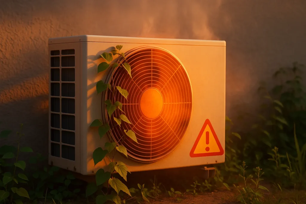 9 Motivos Por Que O Ar Condicionado Não Gela Só Ventila – Guia Definitivo Para Solução E Prevenção 7 Vista Lateral De Condensadora Externa De Ar Condicionado Com Hélices Bloqueadas Por Vegetação E Calor Visível