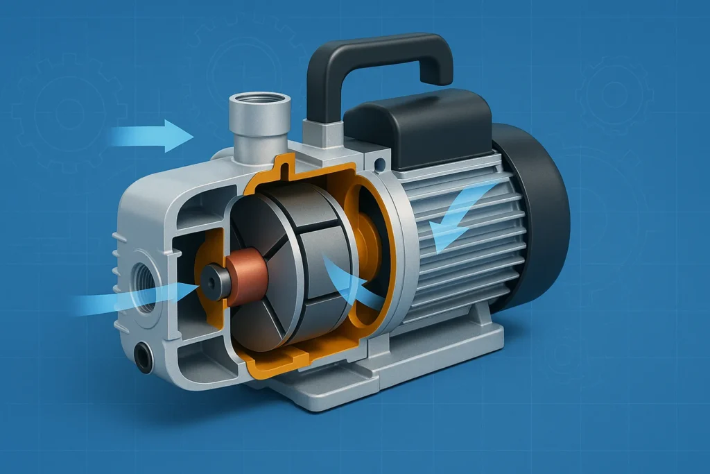Bomba De Vácuo: 7 Técnicas Profissionais Para Dominar O Uso Em Refrigeração 2 Corte 3D De Uma Bomba De Vácuo Mostrando Rotor, Câmara, Entrada E Saída Com Setas Indicando Fluxo De Ar