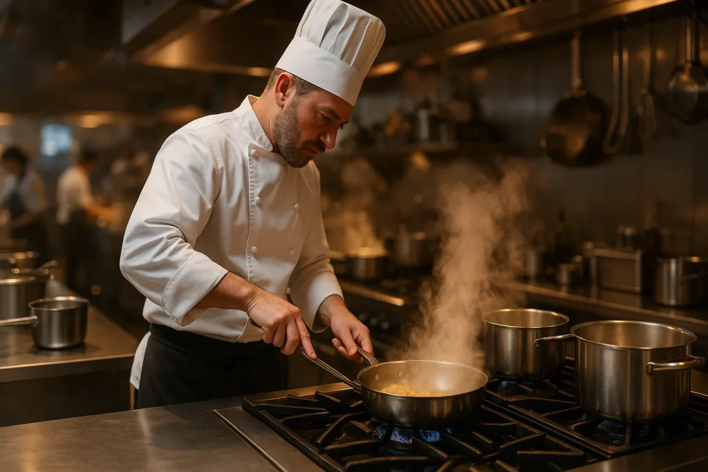 Chef Cozinhando Em Fogão Industrial Em Cozinha Comercial Com Panelas De Aço Inoxidável E Vapor Subindo