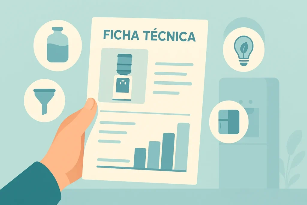 Mão Segurando Ficha Técnica De Bebedouro Com Ícones Flutuantes De Capacidade, Economia De Energia, Filtro E Design Em Estilo Flat Moderno, Cores Suaves
