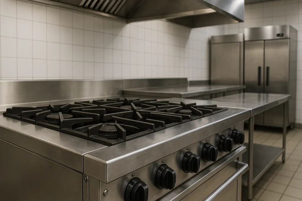 Fotografia Ultra Realista De Fogão Industrial Em Aço Inox Com Soldas Visíveis Controles Reforçados E Estrutura Robusta Em Cozinha Profissional