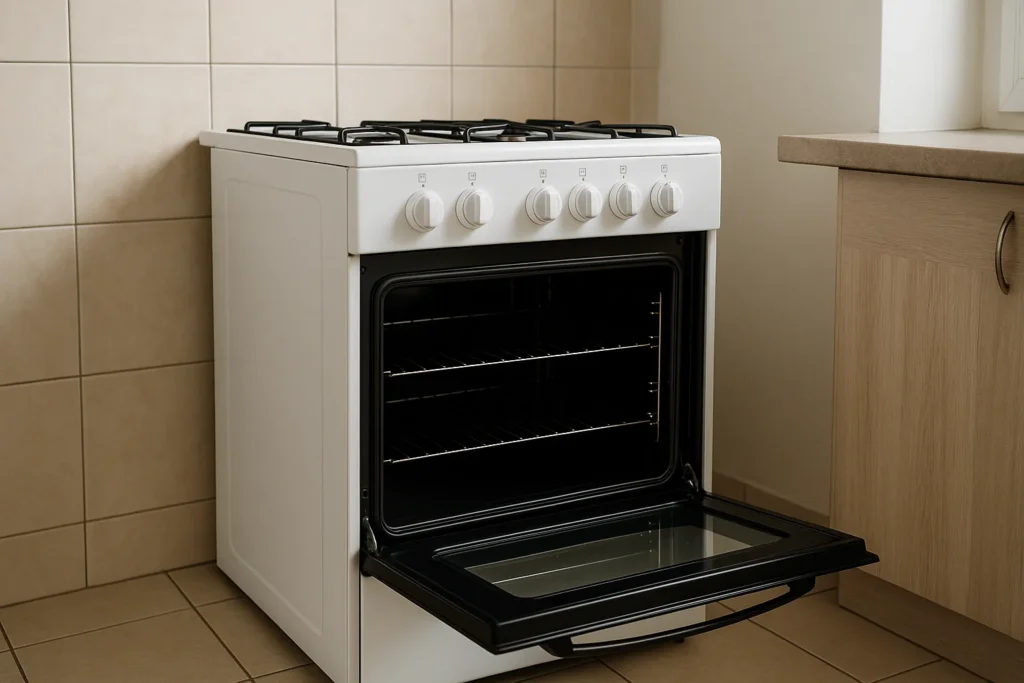 Forno A Gás: O Guia Definitivo Com 8 Aspectos Fundamentais Para Uso Seguro E Eficiente 1 Forno A Gás 4 Bocas Branco Em Cozinha Simples Com Porta Aberta Mostrando Grades Internas Limpas Sob Luz Natural