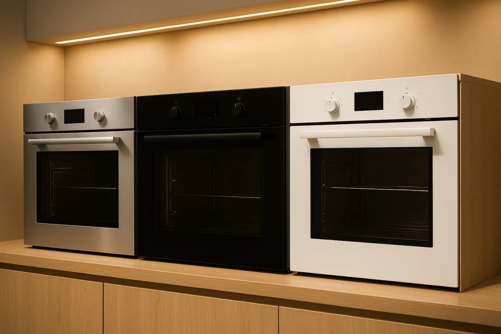 Forno Elétrico De Embutir: Guia Completo Para Escolha, Instalação E Manutenção 5 Showroom De Cozinha Com Três Fornos Elétricos De Embutir — Inox Escovado, Vidro Preto E Branco Clássico — Alinhados Sobre Balcão De Madeira Clara Sob Iluminação De Vitrine
