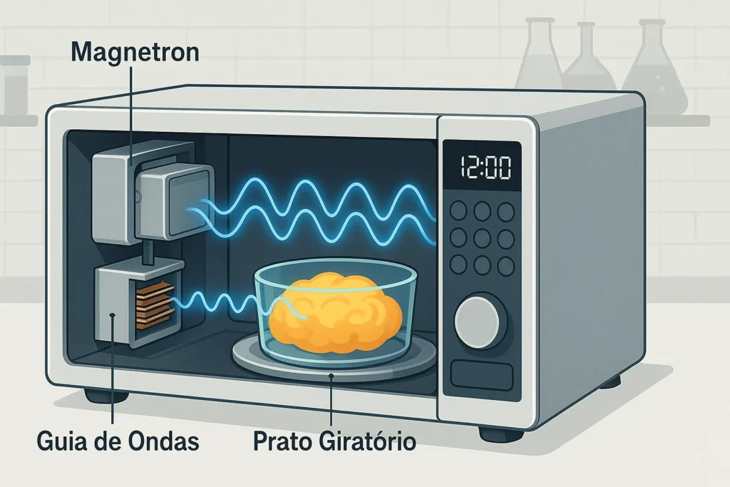 Microondas: 7 Melhores Modelos E Os 3 Defeitos Mais Comuns 2 Ilustração Em Corte Lateral De Um Microondas Exibindo Magnetron, Guia De Ondas E Prato Giratório Em Funcionamento.