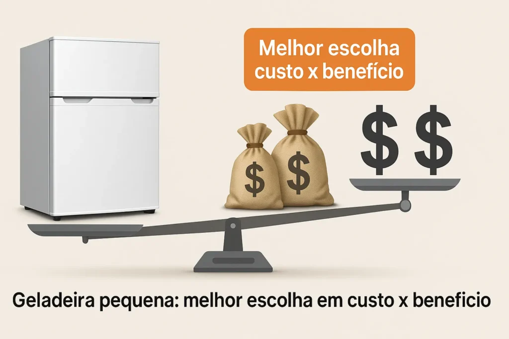 8 Vantagens Surpreendentes Da Geladeira Pequena: Guia Completo De Escolha, Uso E Manutenção Técnica 4 Geladeira Pequena Equilibrada Em Uma Balança Digital, Com Sacos De Dinheiro E Cifrões Mostrando O Melhor Custo X Benefício.