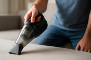 Mão segurando um aspirador portátil limpando um sofá de tecido claro com poeira visível sendo aspirada.