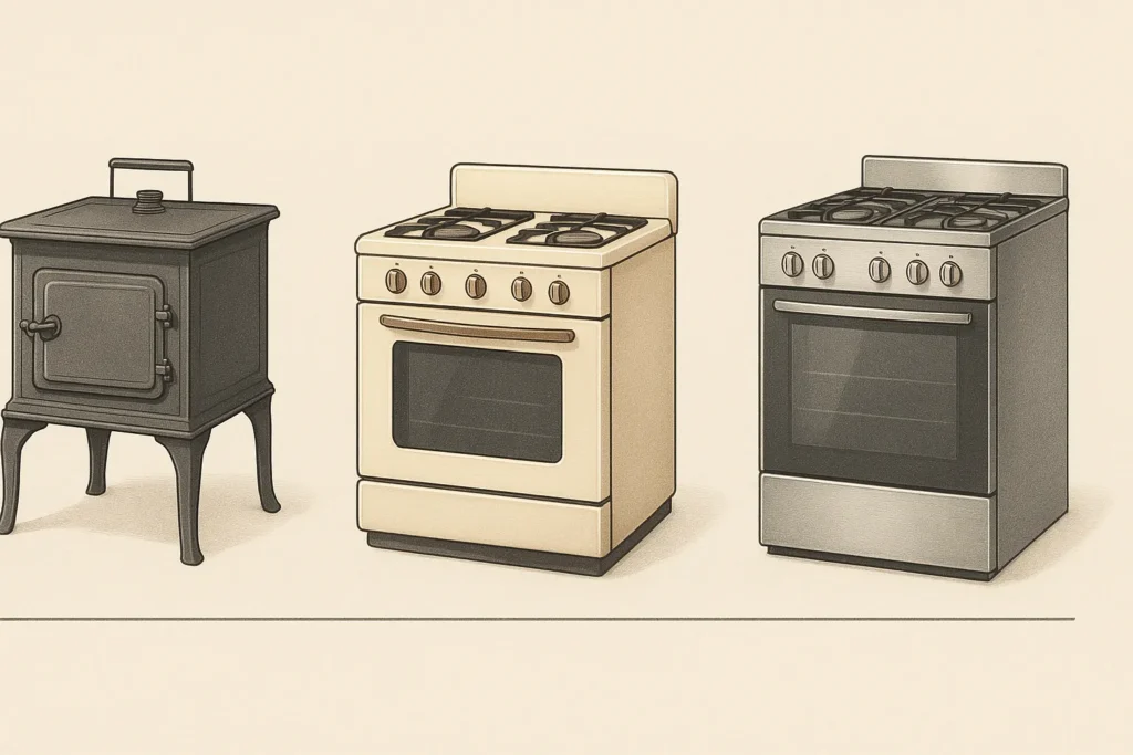 Forno A Gás: O Guia Definitivo Com 8 Aspectos Fundamentais Para Uso Seguro E Eficiente 3 Linha Do Tempo Visual Com Três Modelos De Forno A Gás Em Sequência Histórica Antigo De Ferro Fundido Modelo Retrô Anos 80 Moderno Inox Escovado