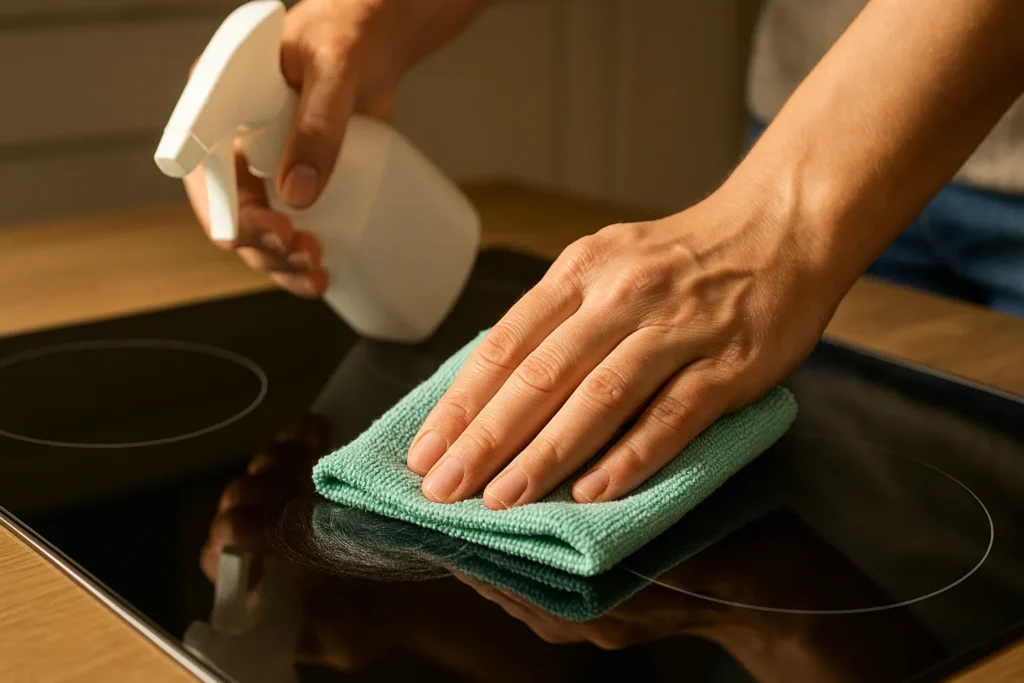 Fogão De Indução: O Guia Completo Sobre Funcionamento, Vantagens E Instalação 9 Mão Segurando Um Pano De Microfibra Verde Limpando A Superfície De Vidro Cerâmico De Um Fogão De Indução, Com Spray De Limpeza Branco À Esquerda E Iluminação Suave Realçando O Brilho.