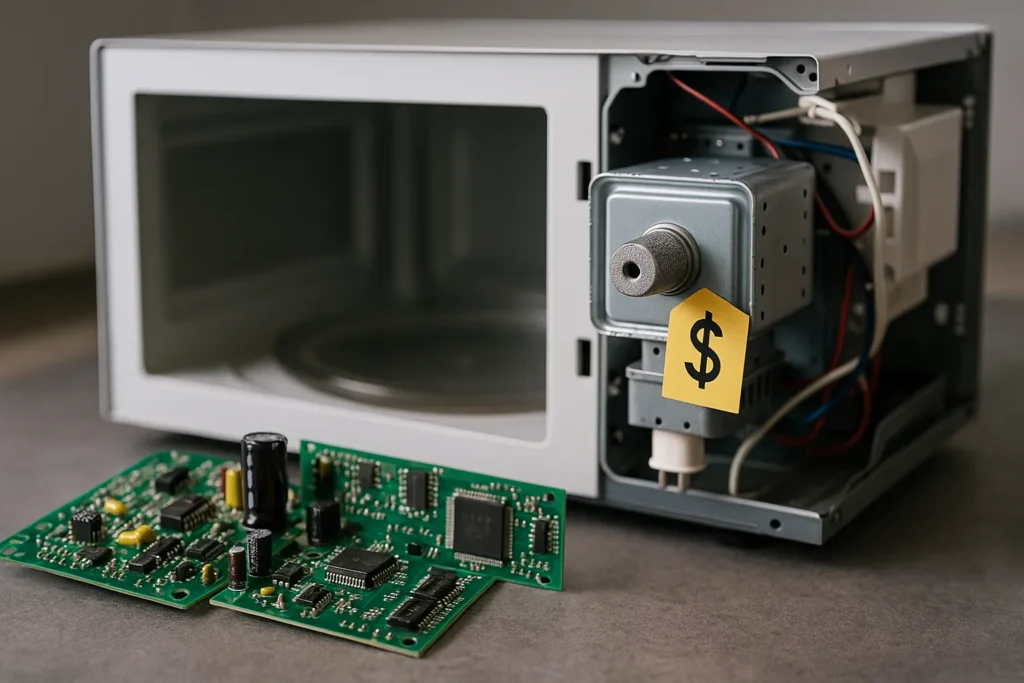 Microondas: 7 Melhores Modelos E Os 3 Defeitos Mais Comuns 6 Close-Up De Micro-Ondas Desmontado Com Placas Eletrônicas Em Foco E Magnetron Marcado Com Etiqueta De Cifrão Indicando Lucratividade No Conserto