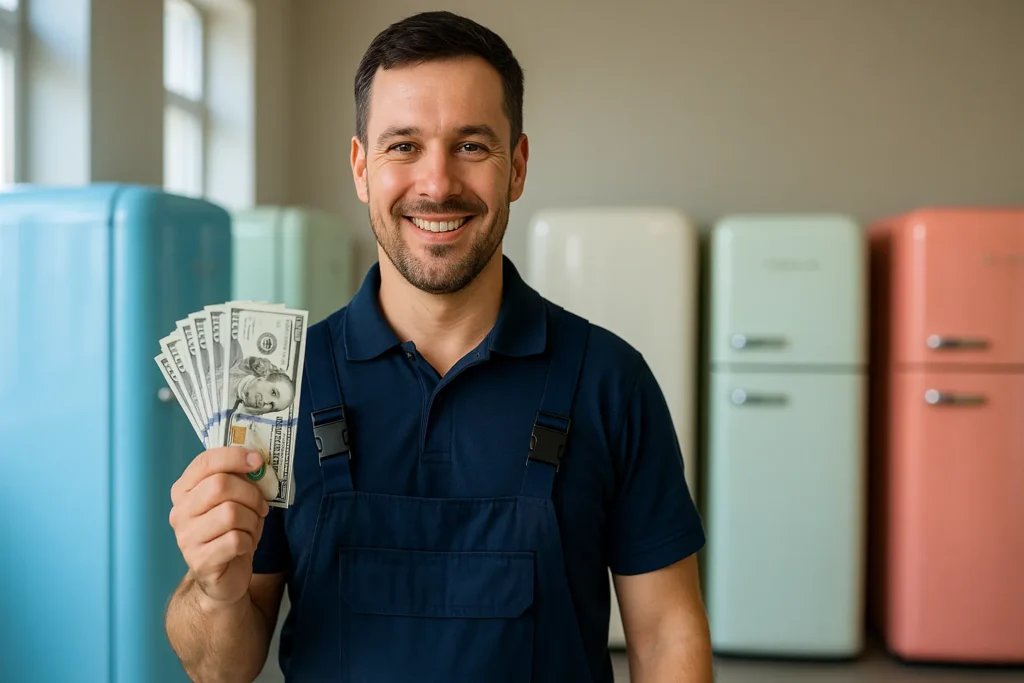 Geladeira Retrô: Guia Completo De Estilo, Eficiência E Como Escolher O Modelo Ideal 8 Técnico Em Uniforme Azul-Marinho Segurando Cédulas De Dinheiro Em Showroom De Geladeiras Retrô Em Tons Pastel.
