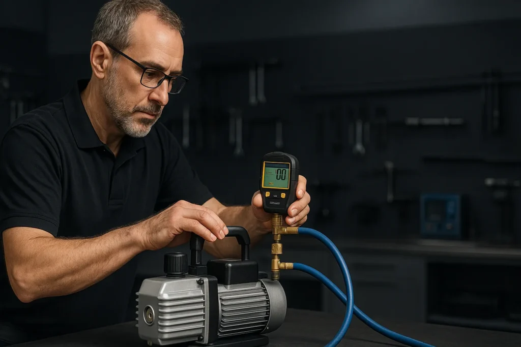 Bomba De Vácuo: 7 Técnicas Profissionais Para Dominar O Uso Em Refrigeração 10 Técnico Operando Bomba De Vácuo Com Vacuômetro Digital Em Oficina Moderna.