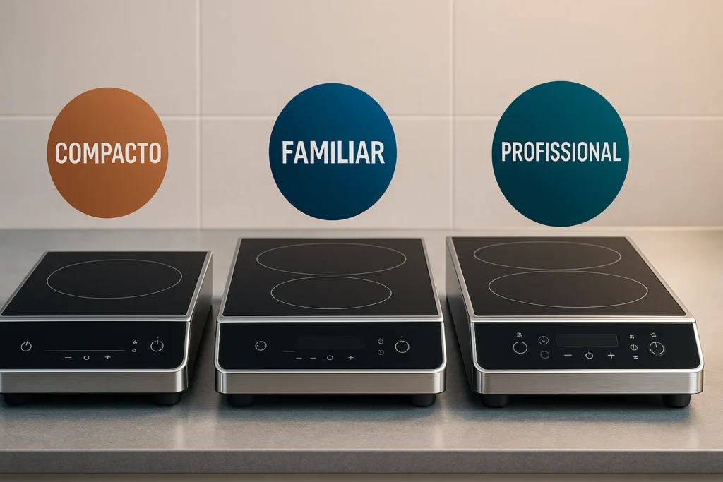 Fogão De Indução: O Guia Completo Sobre Funcionamento, Vantagens E Instalação 8 Três Modelos De Fogões De Indução Alinhados Em Bancada De Aço Inox Com Selos “Compacto”, “Familiar” E “Profissional” Flutuando Acima, Cenário De Cozinha Neutra E Iluminada