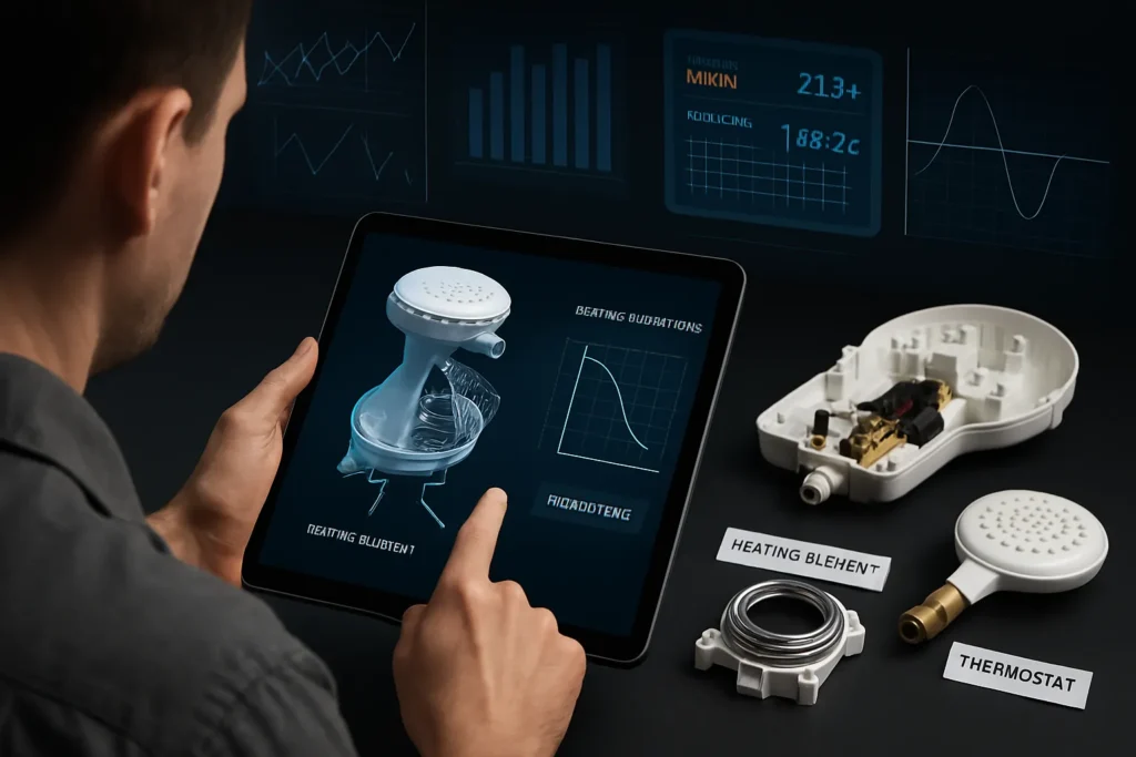 Chuveiro Elétrico Não Esquenta: 13 Causas E Soluções Testadas Por Técnicos 8 Técnico Profissional Com Tablet Exibindo Esquema 3D E Curva Elétrica Do Chuveiro. Componentes Desmontados E Rotulados Em Bancada, Com Gráficos E Painel Digital Ao Fundo.