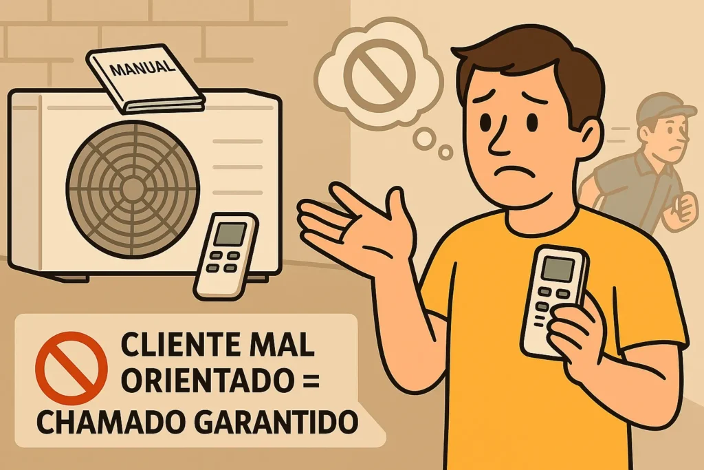 Instalação De Ar Condicionado Split: 12 Erros Fatais Que Queimam O Aparelho 14 Cliente Confuso Segura Controle Remoto Enquanto Manual Está Jogado Sobre A Condensadora. Técnico Sai Apressado. Ícone “Sem Instrução” E Aviso “Cliente Mal Orientado = Chamado Garantido”.