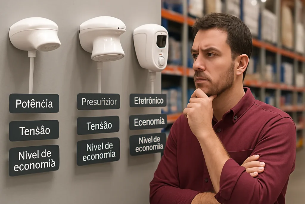Chuveiro Elétrico Não Esquenta: 13 Causas E Soluções Testadas Por Técnicos 12 Imagem De Três Modelos De Chuveiros Em Exposição: Simples, Com Pressurizador E Com Controle Eletrônico. Consumidor Analisa E Compara Características.
