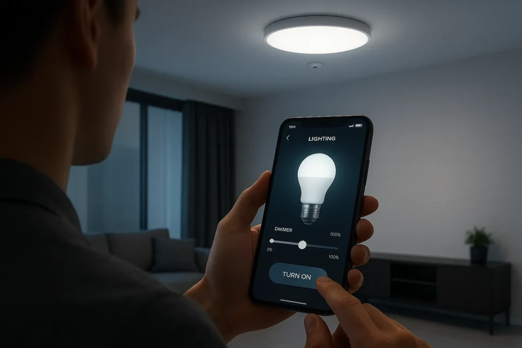 Lâmpada De Led Piscando Ou Fraca: 15 Problemas E Soluções Que Todo Eletricista Precisa Conhecer 9 Pessoa Ajustando A Luz Led Via App Em Uma Sala Moderna Com Sensor De Presença
