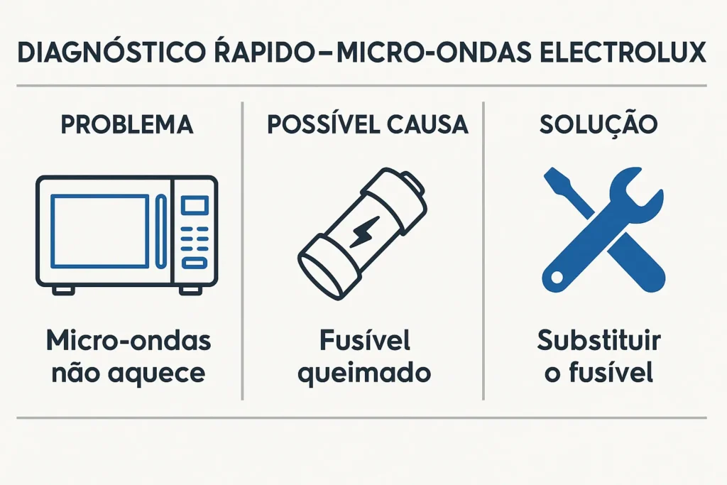 Microondas Electrolux Não Esquenta: 15 Soluções Testadas Que Funcionam 9 Infográfico Técnico De Diagnóstico Rápido De Micro-Ondas Electrolux Com Três Colunas: Problema, Causa E Solução.