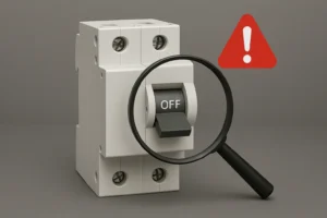 Imagem de disjuntor residencial novo, mas com chave desarmada sem razão aparente. Fundo neutro com símbolo de alerta e lupa sobre o botão.