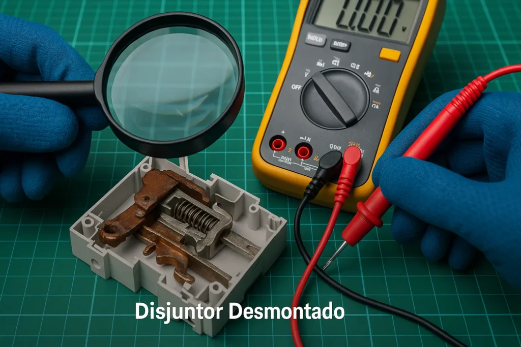Disjuntor De Energia Desarmando: 7 Diagnósticos Técnicos E Soluções Profissionais 10 Técnicos Analisando Disjuntor Desmontado Com Lupa E Multímetro Em Bancada Técnica.