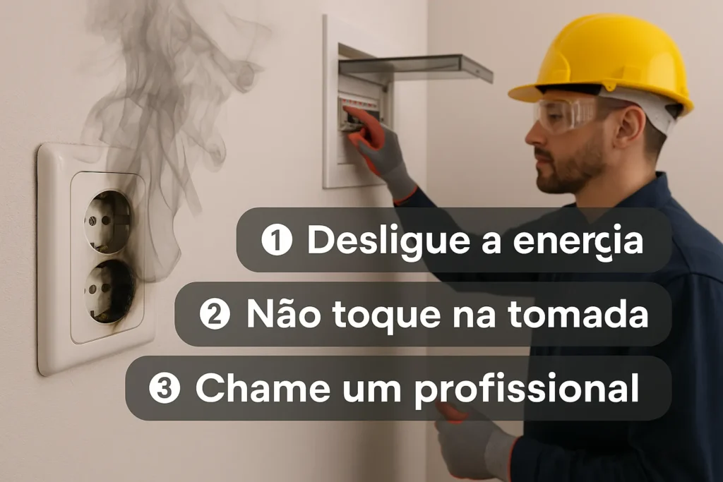 Tomada Queimada Ou Derretida: 8 Causas Perigosas E Soluções Seguras 11 Tomada Queimada Com Fumaça Saindo; Técnico Com Epi Desligando O Disjuntor; Balões Explicativos Com Passos De Segurança Para Lidar Com O Problema.