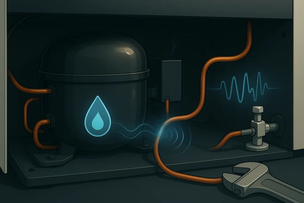 Ar Condicionado Fazendo Barulho: 16 Tipos De Ruídos E Como Resolver Cada Um 6 Close-Up Técnico Da Parte Traseira Da Condensadora Com Compressor, Válvula E Tubo Capilar; Ícones Digitais Simulam Fluxo De Gás E Ruído.